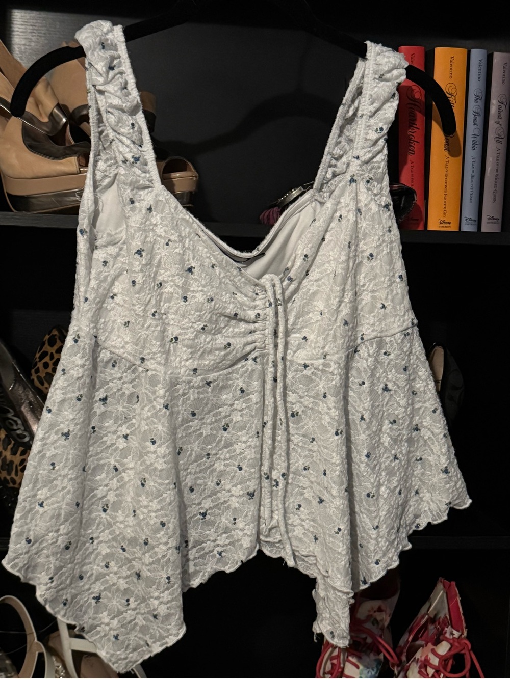 Heart Hips White Eyelet Lace Camisole with Blue Embroidery